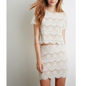 Forever 21 Off White Eyelash Lace Top Skirt Set